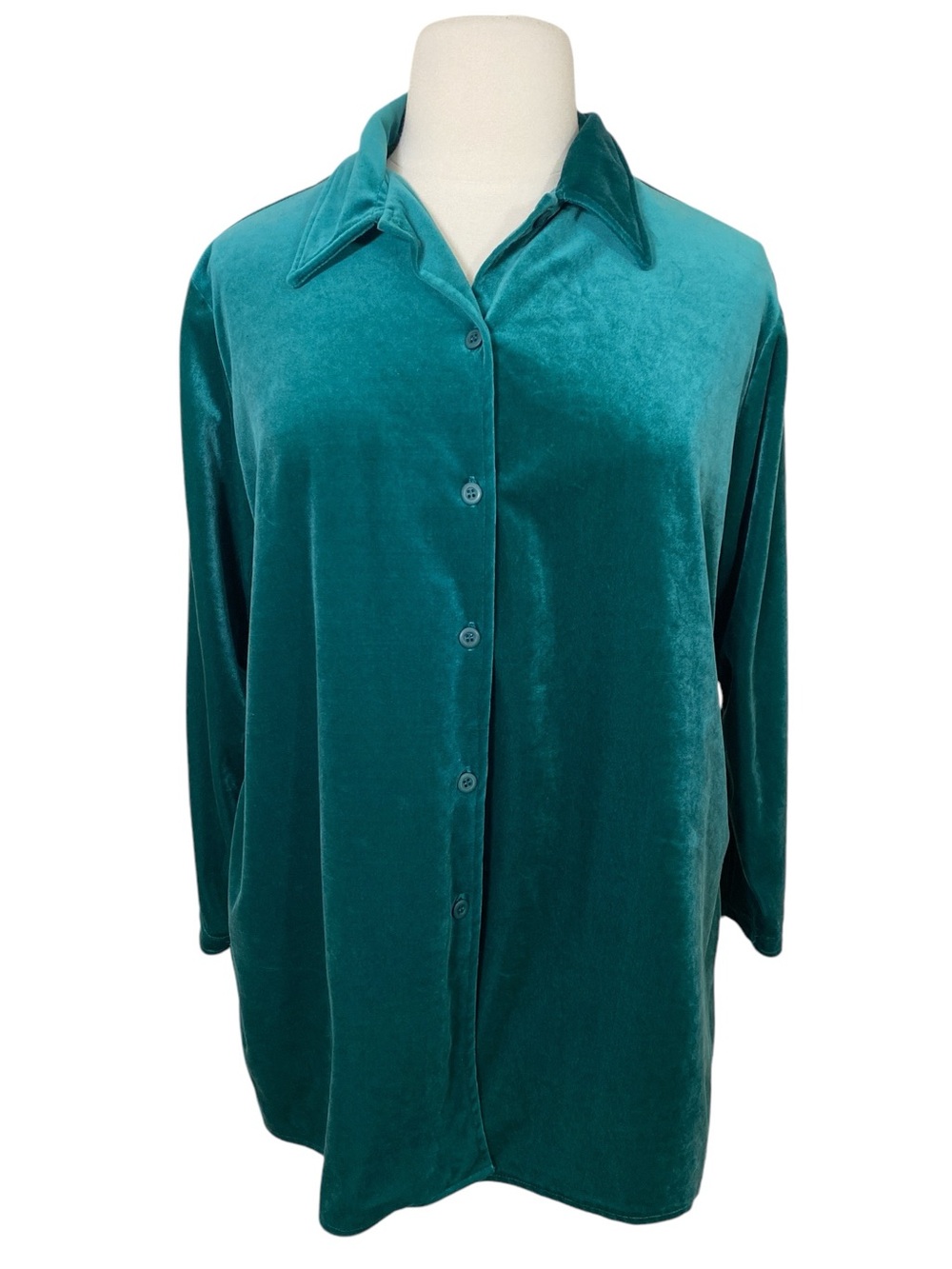 Diane Von Furstenberg Teal Velvet Long Sleeve Button-Down Tunic Shirt